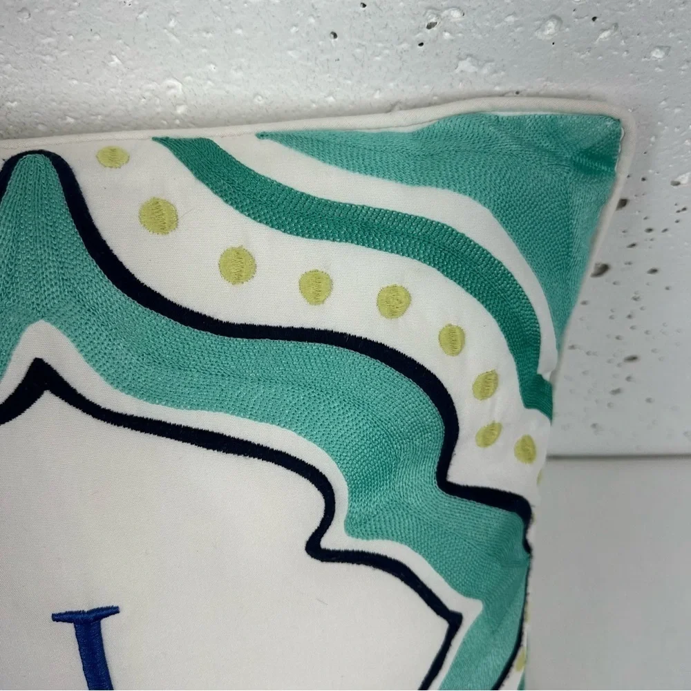 Pottery Barn Teen White Aqua Navy Blue Embroidered Throw Pillow 16x16”